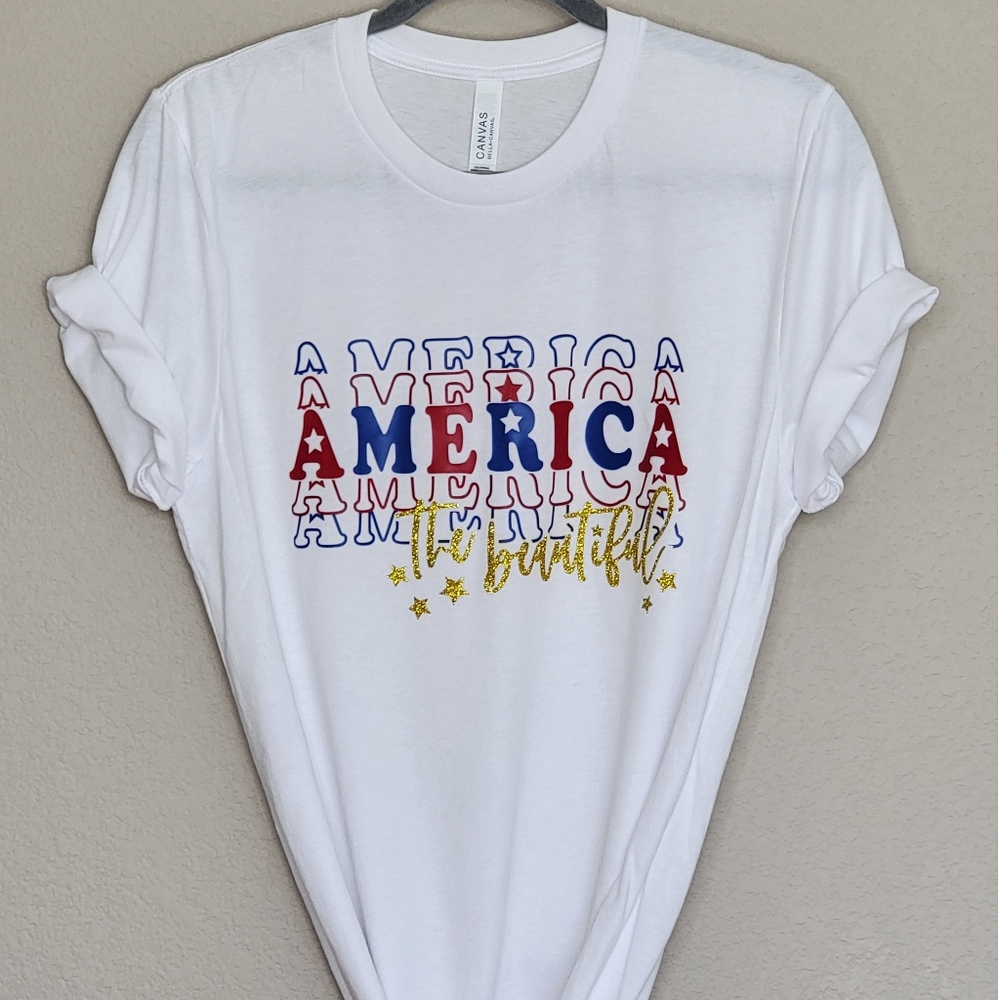 Bella Canvas White Tee with Red, Blue & Gold "America" Graphic